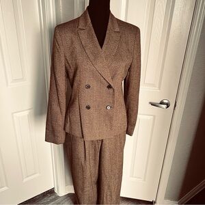 Vtg Jones New York 2 pc Double Breasted Brown Tweed Lined Pantsuit Size 8P / 10P
